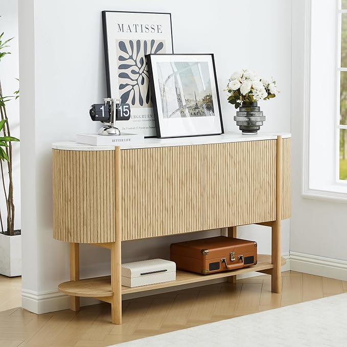 Console Table with Storage, Fluted Entryway Table with 2 Doors and Open Shelf, Long Sofa Table Behind Couch for Living Room, Hallway (Natural)