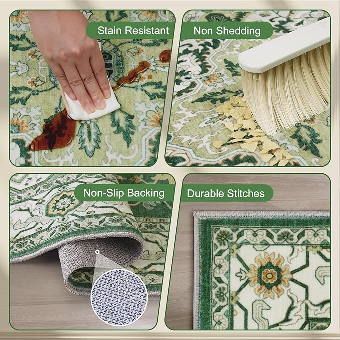 Area Rugs for Living Room 8x10 - Large Machine Washable Vintage Oriental Soft Rugs, Low Pile Thin Floor Carpet with Non Slip Backing for Bedroom, Dorm, Under Dining Room Table, Indoor House, Office