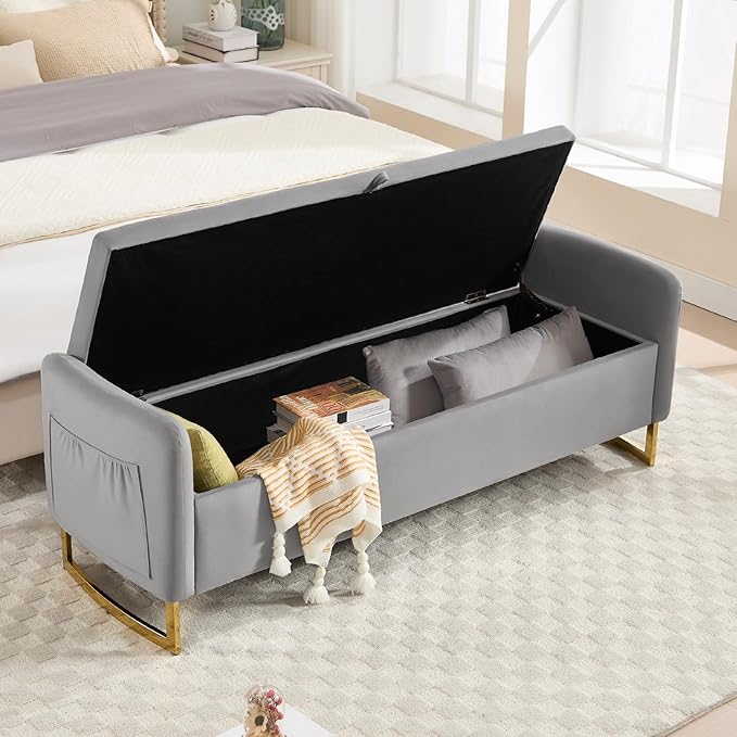 65" Storage Ottoman Bench for Bedroom, End of Bed Storage Bench King Size with Tufted Button Upholstered and Gold Legs, Bedroom Benches with Armrests for Living Room Window, Light Grey