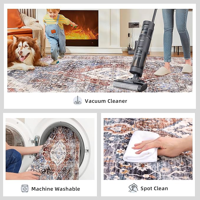 Deerly Boho Area Rug 4x6 Bedroom Rugs Ultra Soft Indoor Washable Rugs for Living Room Bedroom Laundry Room Decor, Low Pile Non-Slip Backing(Border Brown/Navy Blue)