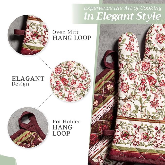 Maison d' Hermine 100% Cotton Oven Mitt & Pot Holder Set (7.5"x13" & 8"x8") Heat Resistant BBQ Cooking Gloves with Loop for Thanksgiving Christmas Decorations Handling Hot Pans (Reveillon Au Jardin)