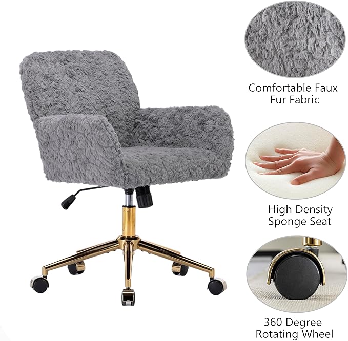 Goujxcy Faux Fur Home Office Chair, Upholstered Elegant Makeup Vanity Chair for Teen Girls Teddy Fabric Swivel Desk Chair, Height Adjustable Leisure Elegant Chair for Home Office (Gray)
