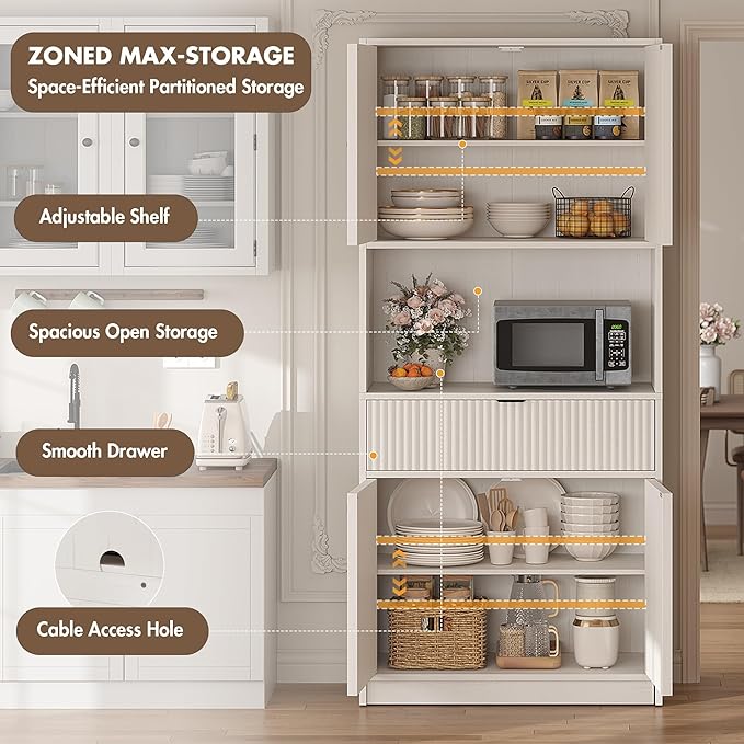 IDEALHOUSE Tall Storage Cabinet, 70" Kitchen Pantry Cabinet with Doors, Fluted Kitchen Hutch Cupboard with Microwave Shelf & Drawer, Freestanding Cupboard for Dining Room, Living Room, Antique White