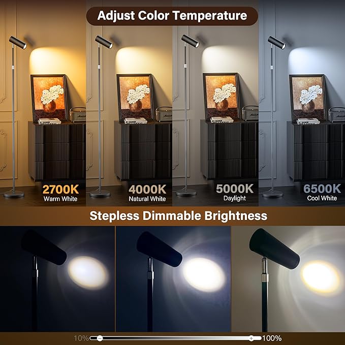 Adjustable Floor Lamp, SIBRILLE Modern Stepless Dimmable Torchiere Tall Lamp with Remote Control, 350°Rotating Head Standing Lamp, Reading Floor Lamp for Living Room, Bedroom, Office & Wall Art, Black