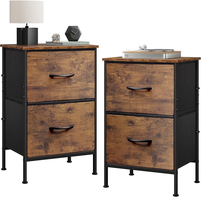 WLIVE Night Stand Set 2, Small Dresser with 2 Drawers & Wooden Top, Nightstand with Fabric Bins, Bedside Table End Table for Bedroom, Closet, Entryway, College Dorm, Rustic Brown