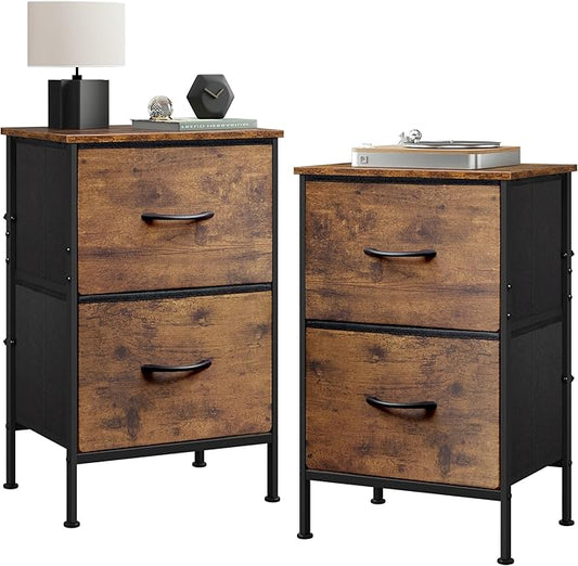 WLIVE Night Stand Set 2, Small Dresser with 2 Drawers & Wooden Top, Nightstand with Fabric Bins, Bedside Table End Table for Bedroom, Closet, Entryway, College Dorm, Rustic Brown