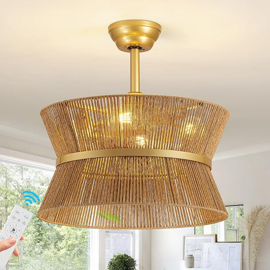 Boho Fandelier Ceiling Fan with Light and Remote Rattan Chandelier Fan Gold Caged Ceiling Fan with Light for Bedroom, Living Room Nursery Foyer Kitchen（6 Speed, Timing Adjustable Height）