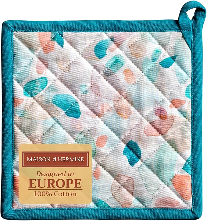 Maison d' Hermine Pot Holders 100% Cotton Heat Resistant Potholders 8" x 8" Hot Pads with Loop BBQ, Cooking, Baking, Grilling, Kitchen, Handling Hot Pans Spring/Summer (Pack of 1, Summer Picnic)