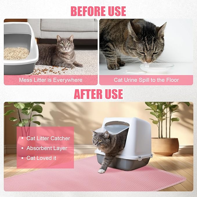 Cat Litter Mat,45"x32" Extra Large Cat Litter Box Mat,Honeycomb Double Layer Kitty Litter Trapping Mat,Soft EVA Material,Urine & Waterproof,Scatter Control,Easy Clean,Washable(Pink）