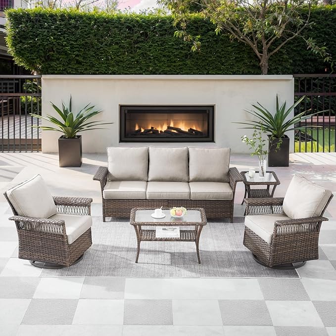 5 Pieces Wicker Patio Furniture Set - Hollow Widen Armrests Outdoor Swivel Glider Chairs and 3 Seat Sofa with Coffee Table & Side Table for Balcony Porch Deck and Yard - Brown/Beige