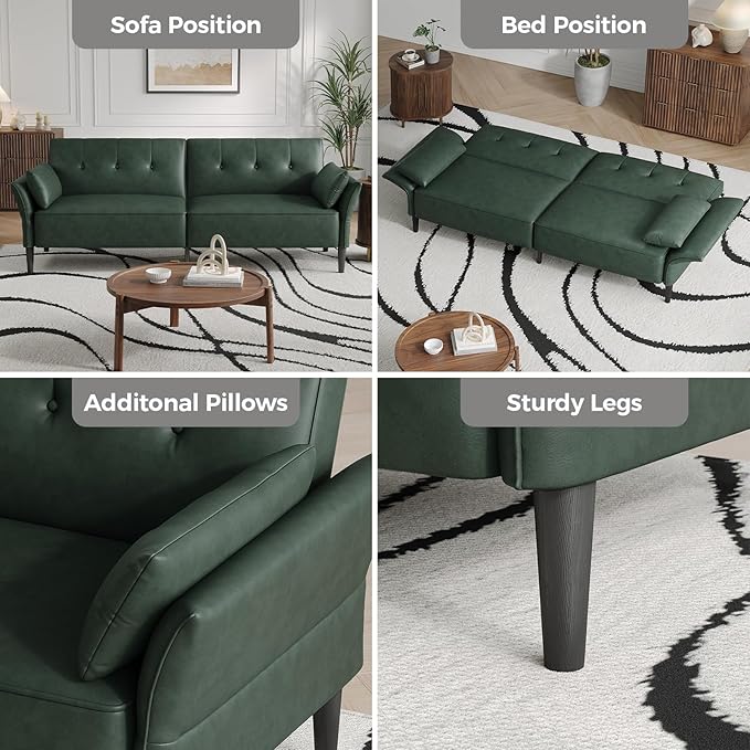 89” Futon Sofa Bed,Futon Couch Bed with 2 Square Pillows,Convertible Sleeper Sofa with Adjustable Backrest& Armrests, Modern Loveseat Sleeper for Living Room, Bedroom,Faux Leather Green