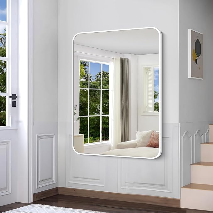 BONEWEI White Bathroom Mirror,36x48 inch Wall Mirror for Bathroom Wall Mounted,Rectangle Mirror for Bathroom Over Sink,Modern Frame Round Corner for Living Room,Bedroom Entryway,Horizontal/Vertical