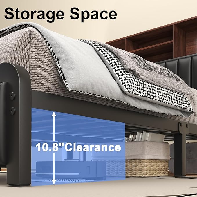 Full Bed Frame 54.3" Tall with 3-Tier Storage Headboard and PU Leather, Metal Platform Bed Frame with LED Lights and Charging Station, Noise-Free, Metal Support, No Box Spring Needed, Black