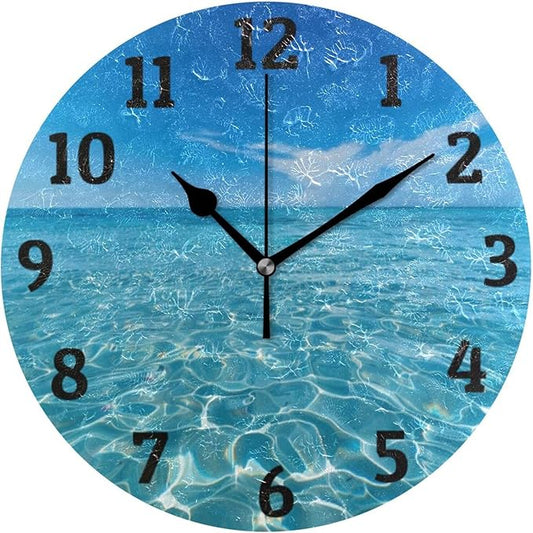 Wall Clock Blue Sky and Sea Silent Non Ticking Wall Clock Decorative Battery Operated Wall Clocks for Home Kitchen Bedroom Living Room Office