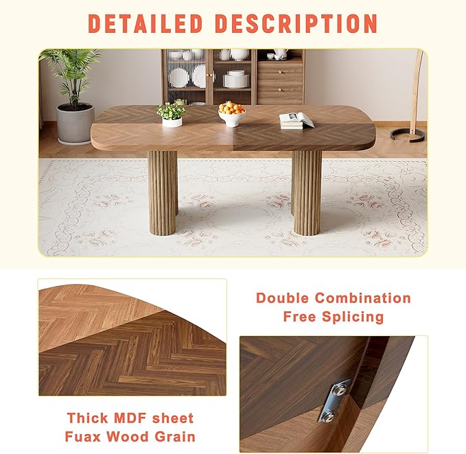 79" Large Wood Dining Table for 6–10, Rectangular Dining Room Table with Sculpted Wave Legs, 1.7" Thick Two-Color Wood-Grain Top, Modern Farmhouse Dining Table for Kitchen, Living Room