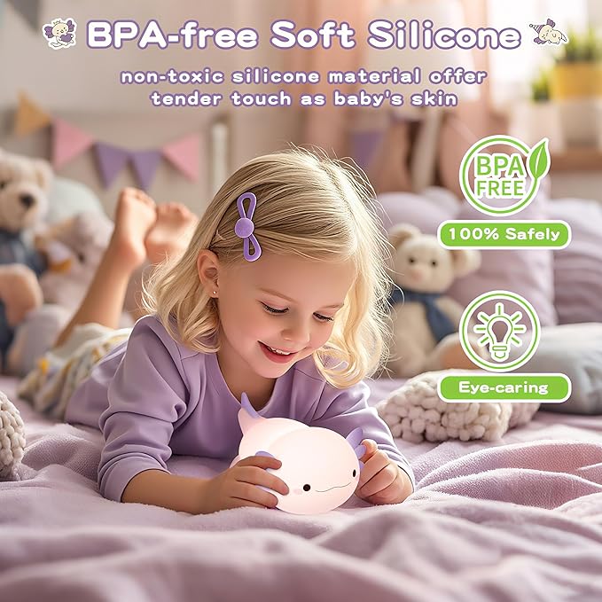 Axolotl Night Light for Kids,Cute Purple Axolotl Lamp ,LED Squishy Nursery Nightlight, Soft Silicone Novelty Animal Bedside Touch Lamp,Adorable Room Decor , Axolotl Christmas Gifts for Mom Girls Baby