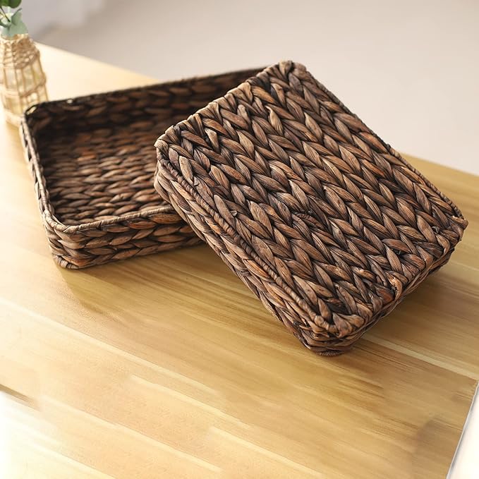 Water Hyacinth Woven Serving Tray Rectangular Hand-Woven Wicker Storage Trays for Coffee/Breakfast/Dessert/Fruit/Bread (Brown-Small)