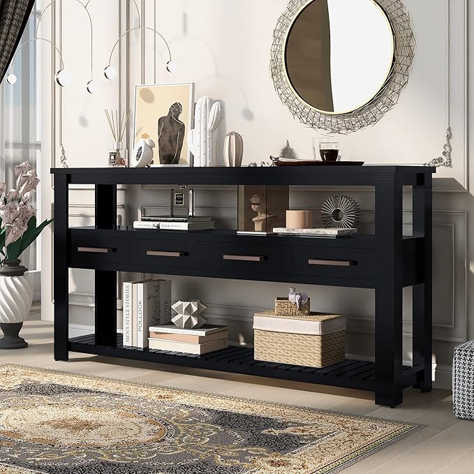 Modern 62'' Console Table Sofa Entryway Table with 4 Drawers and 2 Shelves, Acacia Wood Kitchen Buffet Cabinet Sideboard, Accent Table Furniture for Entryway Kitchen Living Room (Black-4DE)