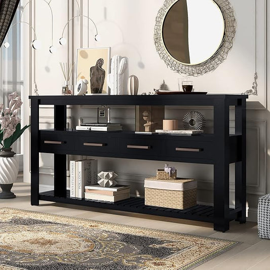 Modern 62'' Console Table Sofa Entryway Table with 4 Drawers and 2 Shelves, Acacia Wood Kitchen Buffet Cabinet Sideboard, Accent Table Furniture for Entryway Kitchen Living Room (Black-4DE)