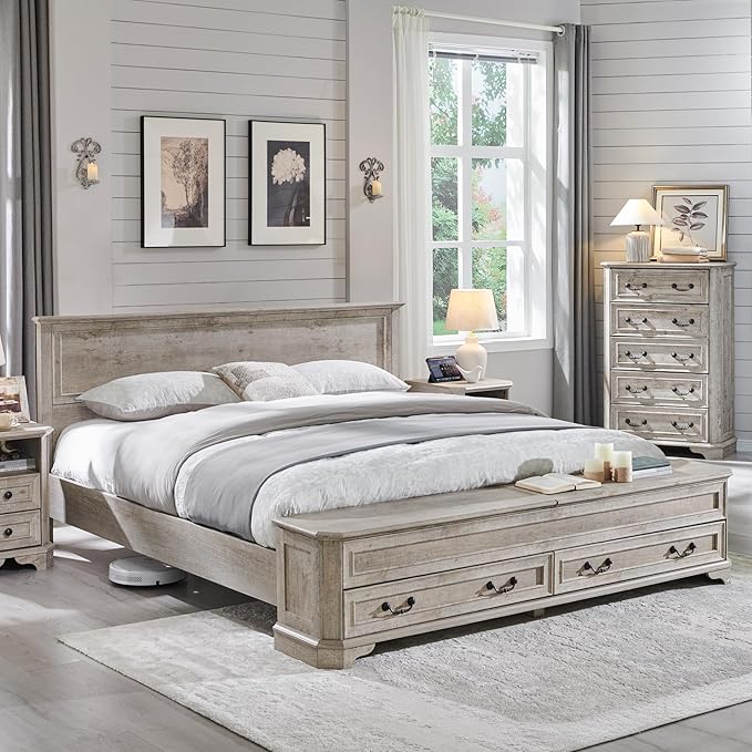 T4TREAM Farmhouse King Bed with Headboard and Storage Bench, Rustic Wood Platform Bed with 80" Storage Chest w/ 4 Large Drawer, Light Rustic Oak