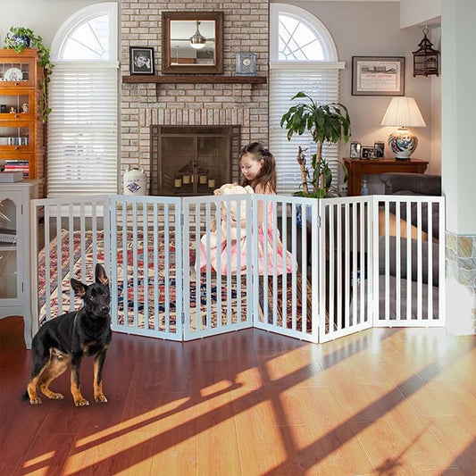 ZJSF Freestanding Indoor Dog Gate for House Foldable Wood White Puppy Gate for Doorways Pet Gate for Stairs Extra Wide Pet Fence 32" Height 6 Panels