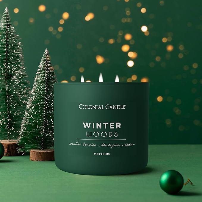 Colonial Candle Winter Woods Scented Jar Candle, Pop of Color Collection, 3 Wick, Green, 14.5 oz - Up to 60 Hours Burn