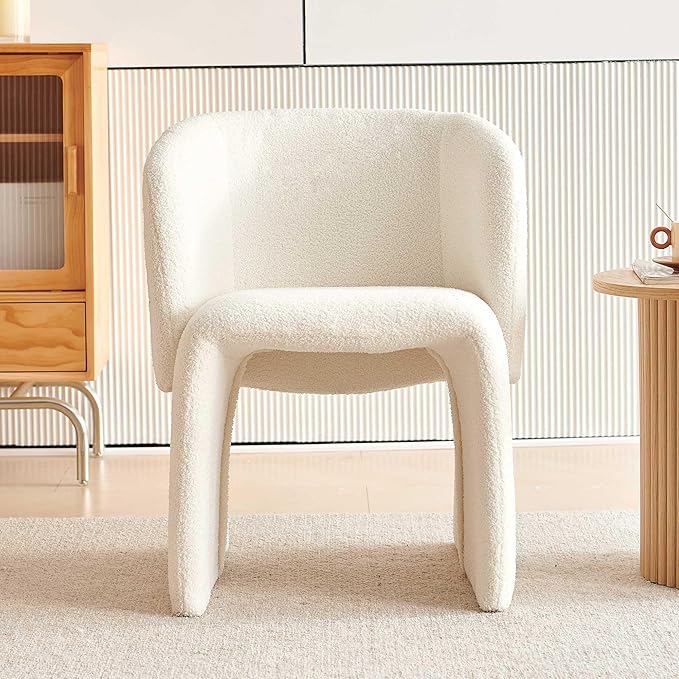 Modern Dining Chair Upholstered Off White Teddy Velvet Barrel Home Kitchen Single Sofa Chair Comfy with Metal Frame for Living Room,Bedroom