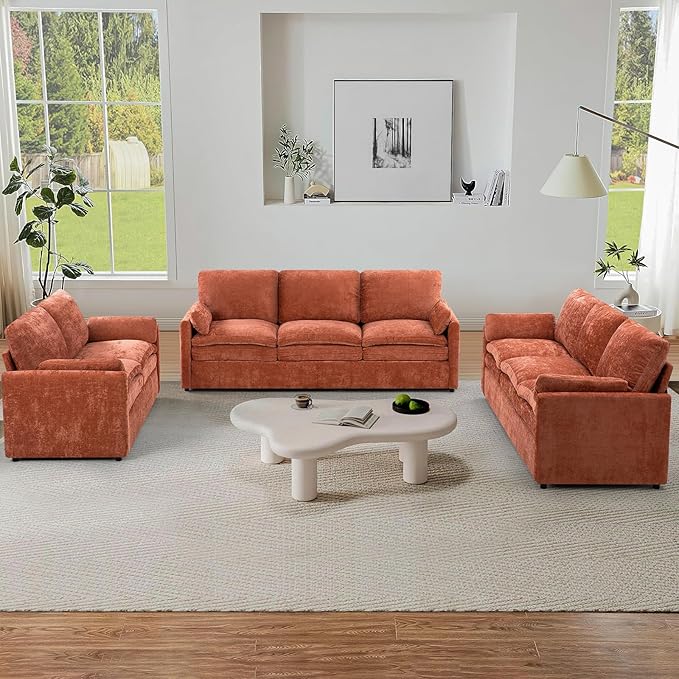 3 Pieces Chenille Sofa Set w/Arm Pillows, Upholstered Loveseat & 2 Pieces 3 Seater Sofa w/Comfortable Back Cushions, Modern 2-Seat & 3-Seat w/High-Density Foam for Living Room, Orange