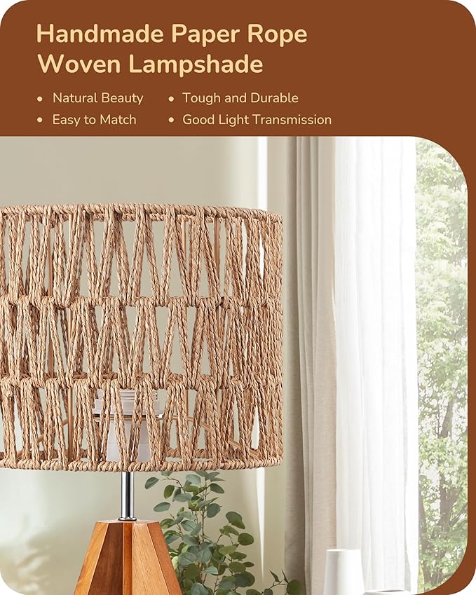 EDISHINE Small Table Lamp, Rattan Wood Tripod Bedside Lamp, Boho Nightstand Lamp for Living Room, End Table, Office, E26 Base, Natural Style