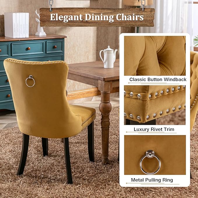 Goujxcy 78.7" Farmhouse Extendable Dining Room Table Set for 4, 5-Piece Rectangle Kitchen Dining Room Table Set with Wood Base and 4 Yellow Velvet Dining Chairs, Extending Kitchen & Dining Table Set