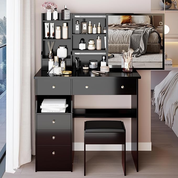 KEIKI Vanity Desk with Sliding Mirror & Cushioned Stool, 37'' Makeup Dressing Table Set for Bedrooms, Dorms, Apartments, Black