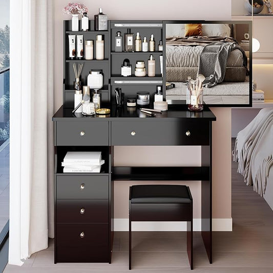 KEIKI Vanity Desk with Sliding Mirror & Cushioned Stool, 37'' Makeup Dressing Table Set for Bedrooms, Dorms, Apartments, Black