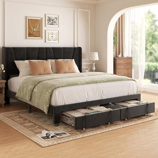 King Bed Frame with Storage Drawers, Upholstered King Size Platform Bed with 47“ Tall Headboard and Wingboard, No Box Spring Needed, NO Noise, Easy Assembly, Wooden Support Slats, Black