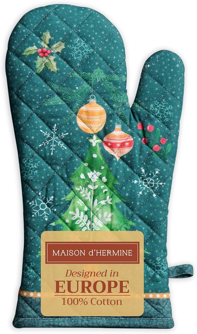 Maison d' Hermine Oven Gloves 100% Cotton Oven Mitt 7" x 13" with Loop Heat Resistant BBQ Cooking Gloves for Thanksgiving Christmas Decorations Baking Handling Hot Pans (Pack of 1, Hygge Christmas)
