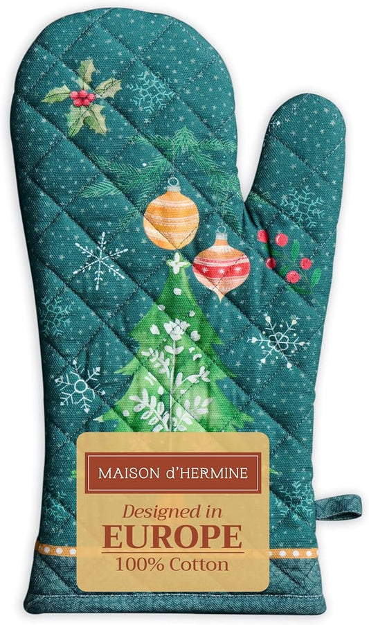 Maison d' Hermine Oven Gloves 100% Cotton Oven Mitt 7" x 13" with Loop Heat Resistant BBQ Cooking Gloves for Thanksgiving Christmas Decorations Baking Handling Hot Pans (Pack of 1, Hygge Christmas)