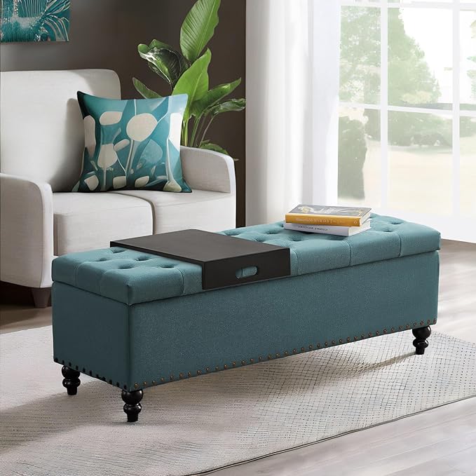 HUIMO 51-inch Storage Ottoman Bench with Removable Tray, Bedroom Bench with Button-Tufted, Safety Hinge Ottoman in Upholstered Fabrics, Large Long Bench for Living Room, Bedroom (Teal)