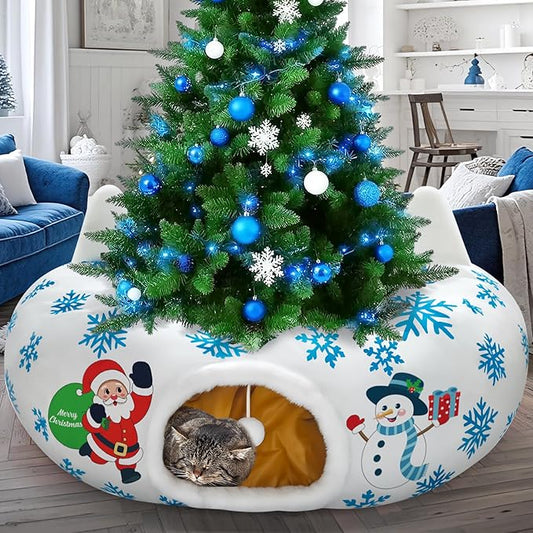 Christmas Cat Tunnel, Cat Tunnel Bed Under Christmas Tree with Hanging Toy Ball, Santa and Snowman Cats Cave Donut Tunnel Christmas Decor, Foldable Kitty Tube Tunnel for Kittens Small Animal