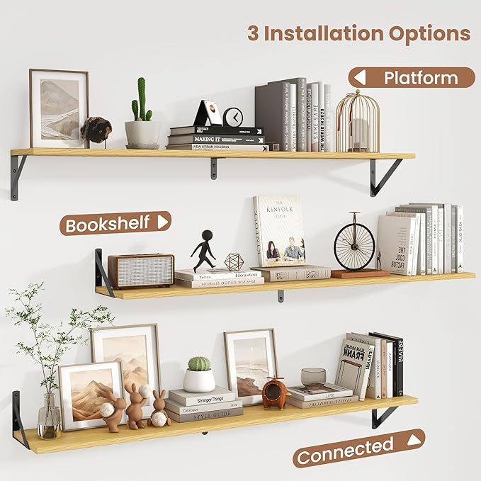 Axeman 48 Inch Floating Shelves | 8 Inch Deep Oak Wall Shelves Set of 2 | 47.3W x 8D Rustic Wood Shelves for Bookshelf Living Room Bedroom Home Office Bathroom