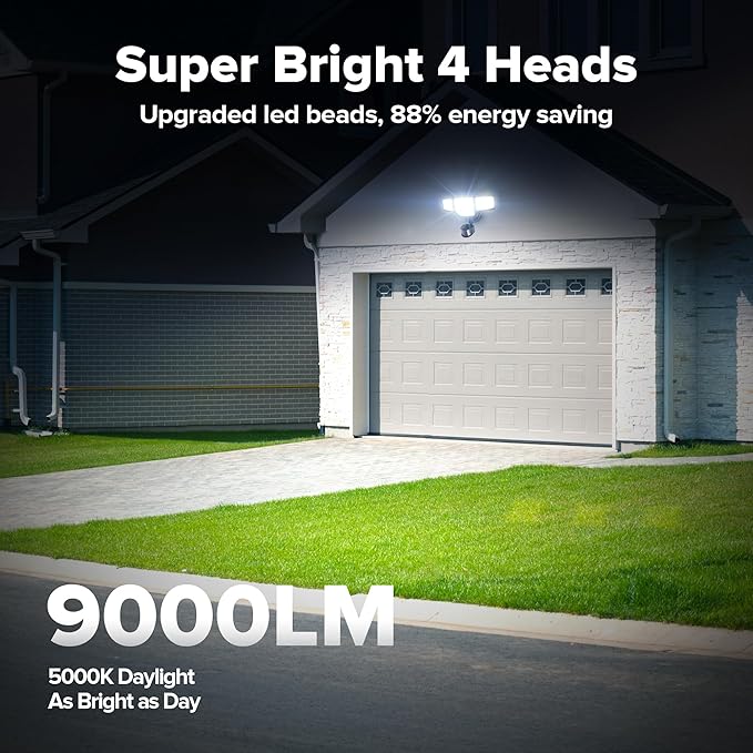 LUTEC 80W 9000LM LED Security Lights Motion Sensor Outdoor Lights, 4 Head LED Flood Lights Outdoor 5000K Daylight, IP65 Waterproof, Motion Detected Lights for Outside, Garage, Yard (Black) - 2 Pack
