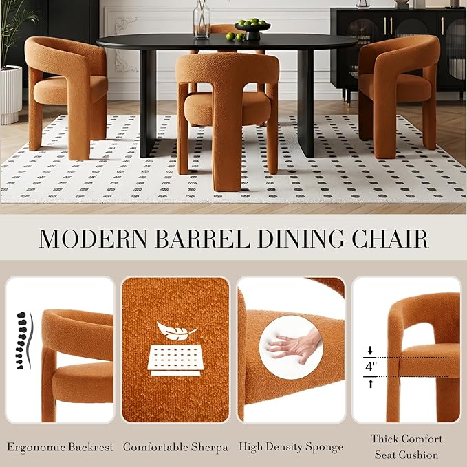 Modern Sherpa Dining Chairs Set of 2, Upholstered Barrel Chairs with Arms Comfy Accent Side Chairs for Living Room/Dining Room/Reception, Terra Cotta