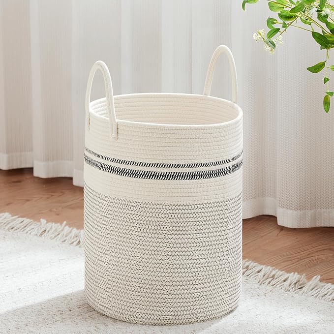 VIPOSCO Large Laundry Hamper, Tall Woven Rope Storage Basket for Blanket, Toys, Dirty Clothes in Living Room, Bathroom, Bedroom - 53L Stripe White