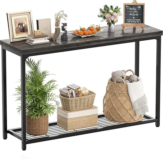 47" Console Table with Storage, 2 Tier Narrow Entryway Table, Sofa Table with Mesh Shelves, Console Tables for Living Room, Bedroom, Hallway, Entryway, Foyer, Oak Grey