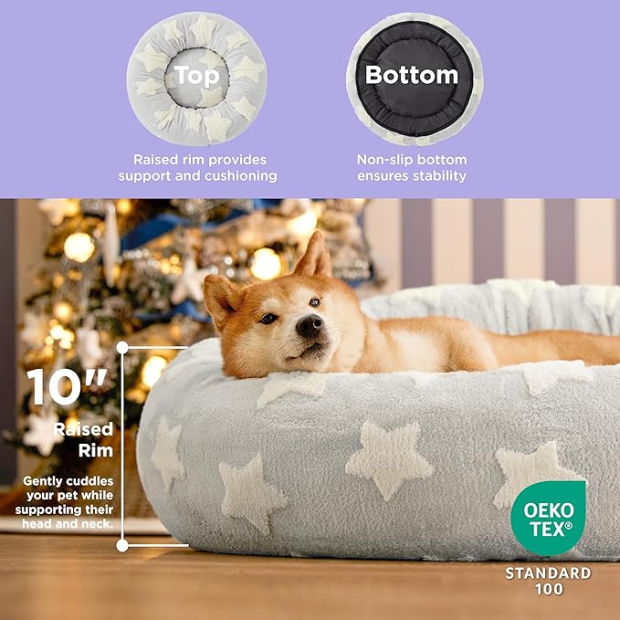 LE SURE Donut Large Dog Bed - Round Cat Beds for Indoor Cats Anti-Anxiety Calming Pet Beds, Washable Cute Modern Beds with Jacquard Shaggy Plush & Anti Slip Bottom, 36 Inch, Galaxy Grey