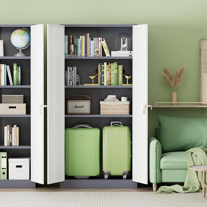 INTERGREAT Metal Storage Cabinet for Garage,72" Lockable Storage Cabinets with Doors and Adjustable Shelves,Steel Locking Cabinet for Garage,Office,Home,Gym,School (White Grey)