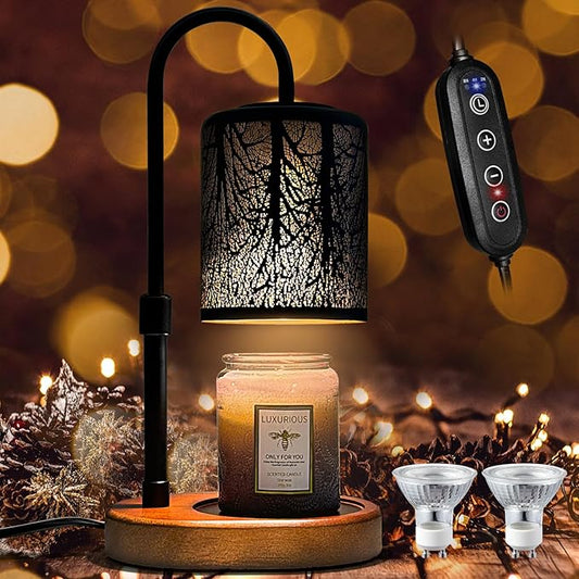 Candles Warmer with Timer and Dimmer, Adjustable Height Candle Melter, Electric Wax Warmer Vintage Home Decor for Jar Candles,2 Bulbs，Black