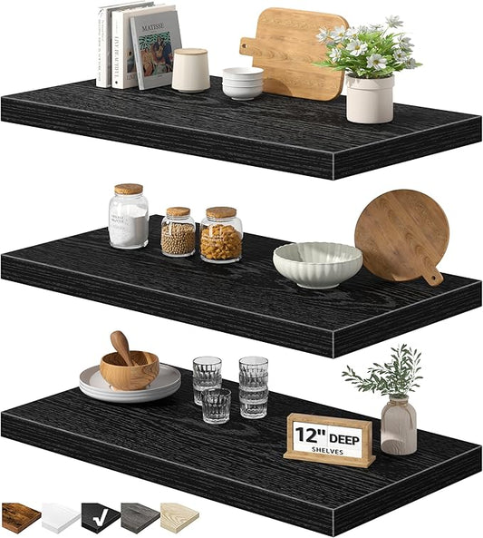 QEEIG 12" Deep Floating Shelves for Wall - 12 x 24 inch Book Shelf Bathroom Bedroom Kitchen Living Room Hanging Bookshelf Farmhouse Set of 3, Black (026-60B3)