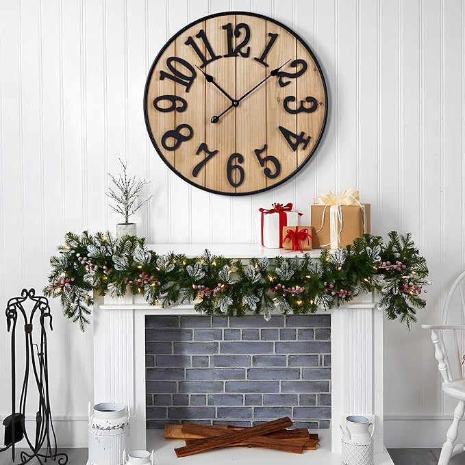 Large Wall Clock 30IN, Silent Metal Wood Style Wall Clocks Battery Operated for Living Room Decor, Farmhouse Big Wall Clock, Outdoor