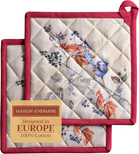Maison d' Hermine Pot Holders Set 100% Cotton Heat Resistant Potholders 8" x 8" Hot Pads with Loop for Thanksgiving Christmas Decorations BBQ Baking Handling Hot Pans (Pack of 2, Equinoxe - Beige)
