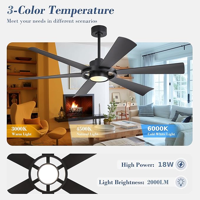 ELEHINSER 60" Ceiling Fan with Lights - 6 ABS Plastic Blades, 3 Downrods, 6-Speed Reversible DC Motor, 3CCT, Windmill Ceiling Fan for Kitchen Bedroom Living Room, Matte Black