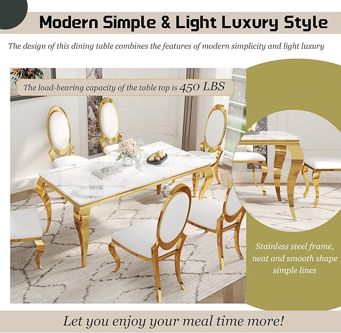7-Piece Dining Table Set for 6, Faux Marble Modern Dining Table Set with 6 Big Oval Backrest Chairs, 70“ Stainless Steel Legs Table & Chair Set for Kitchen, Dining Room, White & Gold